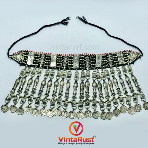 Tribal Choker Necklace With Fish Motifs and Vintage Coins, Afghan Fish Choker - Picture 5 of 9